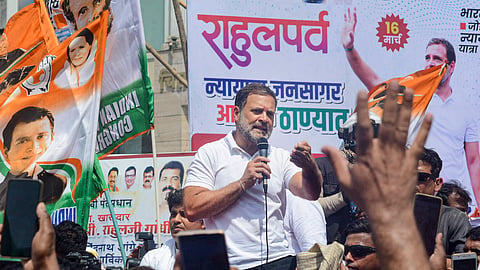 Congress leader Rahul Gandhi addresses supporters during the Bharat Jodo Nyay Yatra, in Thane. 