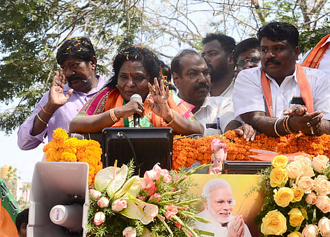 BJP candidate from South Chennai Tamilisai Soundararajan campaigning at Saligramam for the Lok Sabha elections. 