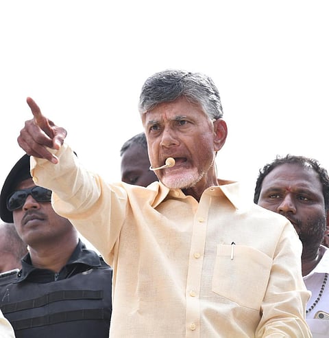 TDP supremo N Chandrababu Naidu during a public meeting. 