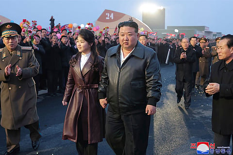 North Korean leader Kim Jong Un, and his daughter attend a completion and operation ceremony of Kangdong Greenhouse Farm in Pyongyang, North Korea Friday, March 15, 2024.
