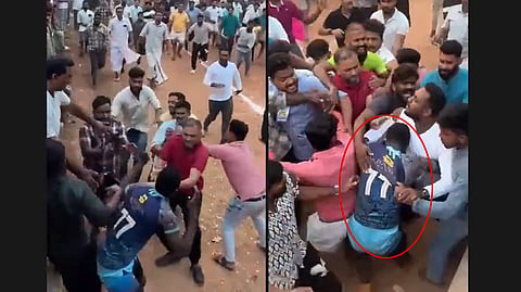 A videograb of Ivory Coast footballer Hasan Jr being manhandled by spectators during a sevens match in Malappuram on March 10.