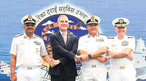 US Ambassador to India Eric Garcetti and ENC FOC-in-C Vice Admiral Rajesh Pendharkar at the launch of the Tiger Triumph 2024 