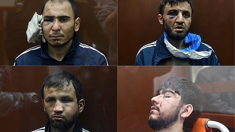 This combination of pictures created on March 24, 2024 shows (Clockwise from top L) Rachabalizoda Saidakrami, Dalerdjon Barotovich Mirzoyev, Muhammadsobir Fayzov and Shamsidin Fariduni suspected of taking part in the attack of a concert hall that killed 137 people.