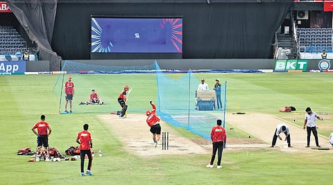 The Sunrisers 
Hyderabad team trains at the Uppal stadium in the city on Thursday