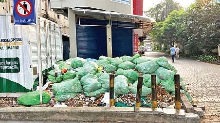 Sight of piled-up waste in green bags at Marine Drive in Kochi. 