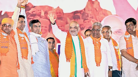 Home Minister Amit Shah with other BJP leaders at a rally in Alwar on Saturday 