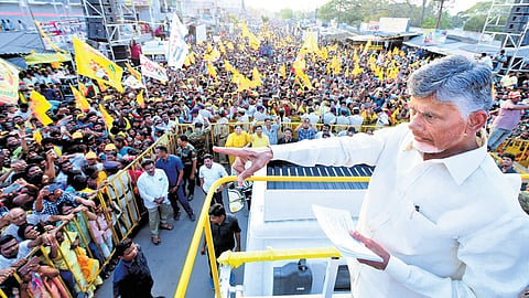 TDP supremo N Chandrababu Naidu during Prajagalam at Pammaru on Sunday. 