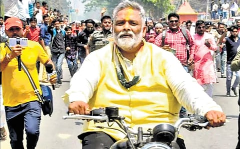 Pappu Yadav, one of the candidates from Purnea takes out a bike rally after filing nomination. 