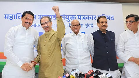 Shiv Sena (UBT) chief Uddhav Thackeray (Second from the Left), Maharashtra Congress President Nana Patole (Left) and NCP chief Sharad Pawar (Centre) during a Maha Vikas Aghadi (MVA) press conference in Mumbai.