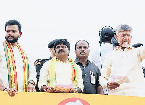 TDP supremo Nara Chandrababu Naidu speaks at the Praja Galam meeting at Gajapathinagaram on Tuesday 