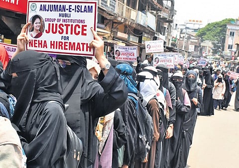 Muslim women hold a protest against the murder of Neha Hiremath in Dharwad on Monday 