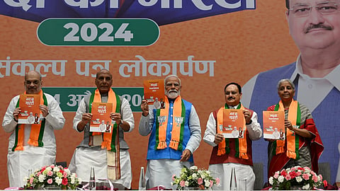 BJP releases its manifesto- 'Sankalp Patra' for the ensuing Lok Sabha polls in the presence of PM Modi, HM Amit Shah, Defence Minister Rajnath Singh, FM Nirmala Sitharaman and party chief JP Nadda.