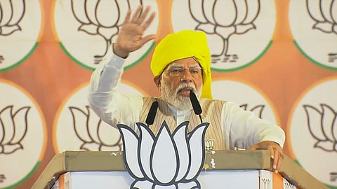 Prime Minister Narendra Modi addresses a public meeting for Lok Sabha elections, in Latur.