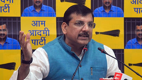 Aam Aadmi Party  MP Sanjay Singh addresses a press conference, at the party headquarters, in New Delhi. 