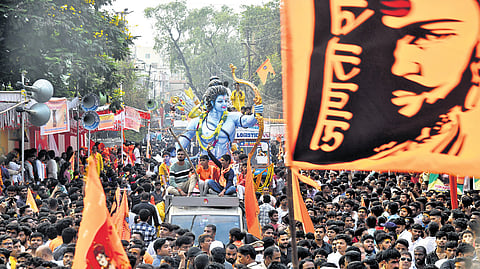 Hundreds of devotees participate in the Sri Rama Navami Shoba Yatra in Hyderabad on Wednesday 