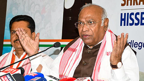 Congress President Mallikarjun Kharge addresses a press conference regarding Lok Sabha elections, in Guwahati, Saturday, April 27, 2024.