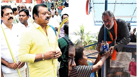 BJP candidate from Thrissur Suresh Gopi (L) and candidate from Thiruvananthapuram Rajeev Chandrasekhar (R). 