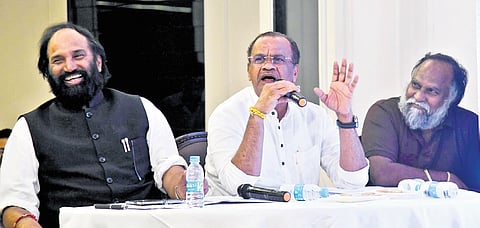 N Uttam Kumar Reddy and T Jagga Reddy react to a comment by Komatireddy Venkat Reddy during a presser at Gandhi Bhavan on Wednesday. 