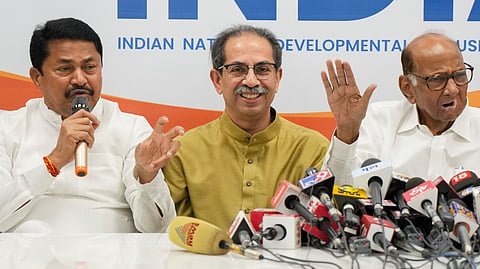 Shiv Sena (UBT) chief Uddhav Thackeray, Maharashtra Congress President Nana Patole and NCP chief Sharad Pawar 