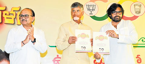 TDP supremo N Chandrababu Naidu, JSP chief Pawan Kalyan and BJP State in-charge Sidharth Nath Singh at the TDP-JSP manifesto launch 