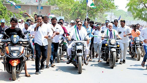 YSRC Atmakur MLA Mekapati Vikram Reddy during a bike rally in Sangam 