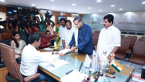 Incumbent Thiruvananthapuram MP and Congress leader Shashi Tharoor files his nomination in the city's district collectorate on Wednesday.