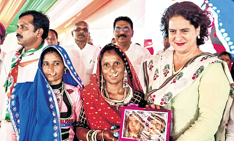 Congress leader Priyanka Gandhi Vadra at a public rally in Jalore on Sunday.