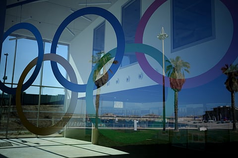 The Olympic rings are pictured at the Roucas Blanc Marina constructed for the upcoming summer Olympic Games in Marseille, southern France, Tuesday, April 2, 2024.