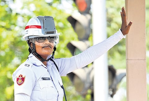 A traffic cop wearing the AC helmet in Bhubaneswar 