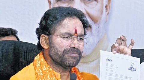 Union Minister G Kishan Reddy answers a question during a press conference at the BJP state office in Hyderabad on Saturday