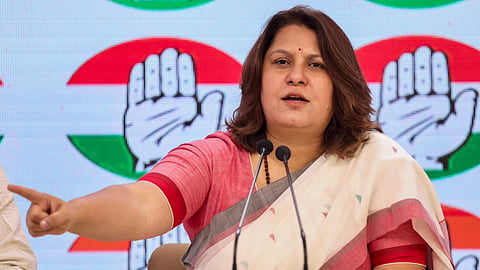 Congress leader Supriya Shrinate addresses a press conference at party office, in New Delhi.