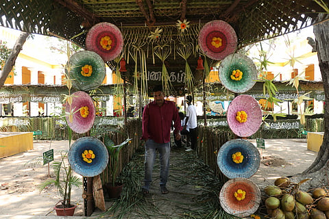 A pandal was set up using palm and coconut leaves at a polling station in VOC Higher Secondary School on Mission Street, Puducherry 