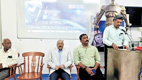 VSSC associate director V Ashok addressing the event held to celebrate 63rd anniversary of Yuri Gagarin’s space flight at a function held at Priyadarshini Planetarium in Thiruvananthapuram