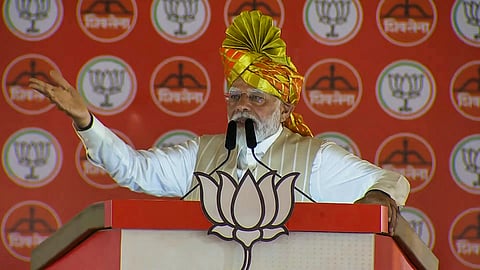 Prime Minister Narendra Modi addresses a public meeting for Lok Sabha polls, in Kolhapur, Maharashtra, Saturday, April 27, 2024. 