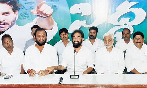 YSRC leaders V Vijayasai Reddy and Prasanna Kumar Reddy speaking to mediapersons in Nellore city on Monday 
