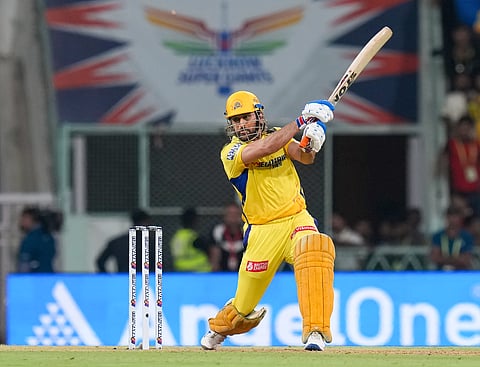CSK batter MS Dhoni in action during the IPL 2024 T20 cricket match between Chennai Super Kings and Lucknow Super Giants at Ekana Cricket Stadium, in Lucknow, Friday, April 19, 2024. 