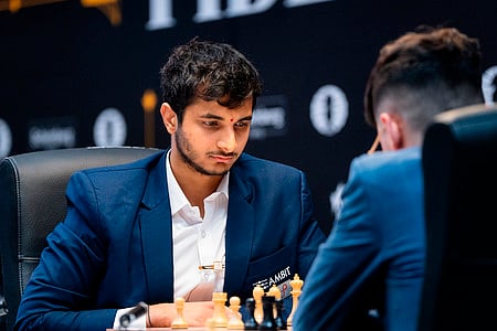 Grandmaster Vidit Santosh Gujrathi during Round 6 match against Grandmaster Alireza Firouzja at the FIDE Candidates 2024 chess tournament. 