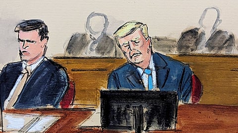 A court sketch of Donald Trump (R) sitting at the defense table during Judge Merchan's reading of his ruling and instructions to the jury in Manhattan criminal court on Monday, April 22, 2024, in New York.