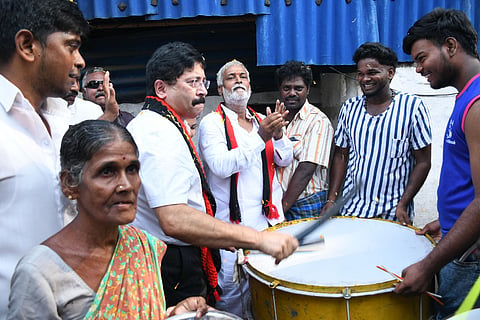 The drumbeats of imminent victory? DMK's Chennai Central MP and 2024 candidate Dayanidhi Maran seen during his campaign at Broadway.
