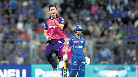 Pacer Trent Boult celebrates the wicket of Rohit Sharma (not in pic)  | sPORTZPICS