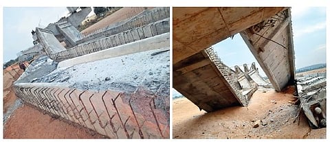 A photograph of the collapsed portion of the under-construction bridge. 