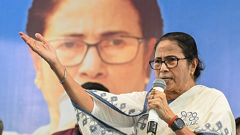 West Bengal Chief Minister Mamata Banerjee addresses a public meeting for Lok Sabha elections, in Asansol, Saturday.