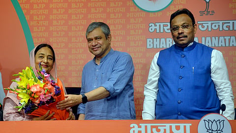 Former Congress leader Karamjit Kaur joins BJP in the presence of party general secretary Vinod Tawde and Union Minister Ashwini Vaishnaw. 