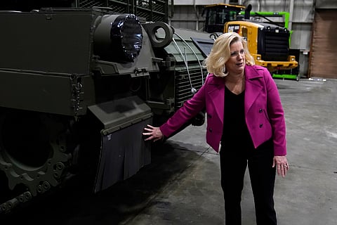 Secretary of the Army Christine Wormuth looks over the latest version of the M1A2 Abrams main battle tank as she tours the Joint Systems Manufacturing Center, Feb. 16, 2023, in Lima, Ohio. 