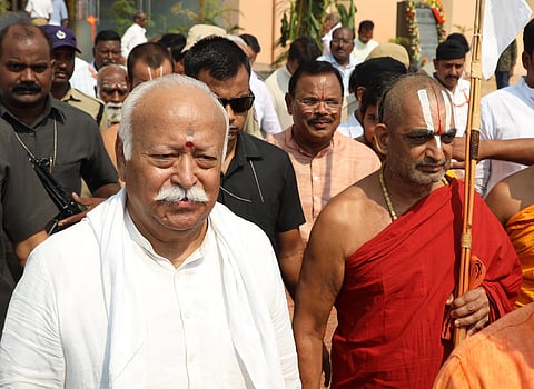 RSS chief Mohan Bhagwat and Chinna Jeeyar Swami take part in the inauguration of Vidya Bharati Vignana Kendra Campus in  Nadergul of Telangana.