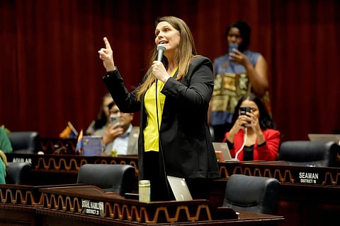 Arizona state Rep. Stephanie Stahl Hamilton, D, speaks on floor at Capitol, Wednesday, April 10, 2024, in Phoenix. 