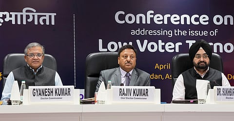 Chief Election Commissioner Rajiv Kumar with Election Commissioners Gyanesh Kumar and Sukhbir Singh Sandhu during a conference on the issue of 'Low Voter Turnout' ahead of Lok Sabha elections, in New Delhi, Friday, April 5, 2024. 