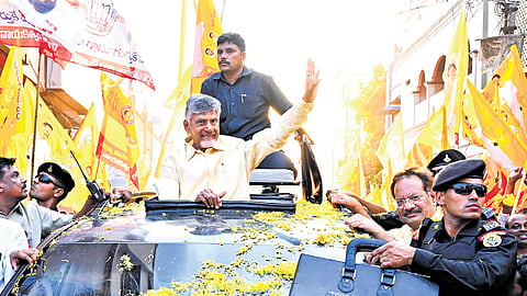 TDP supremo N Chandrababu Naidu during the Praja Galam meeting at Vemuru 