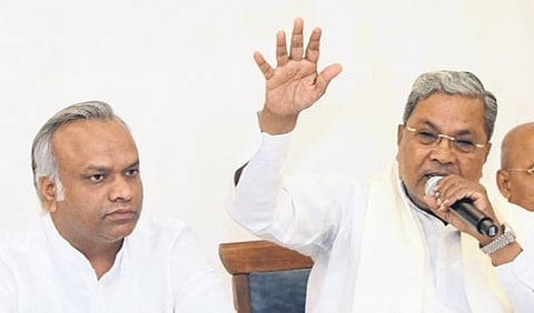 CM Siddaramaiah and RDPR Minister Priyank Kharge address a press conference in Kalaburagi on Saturday 