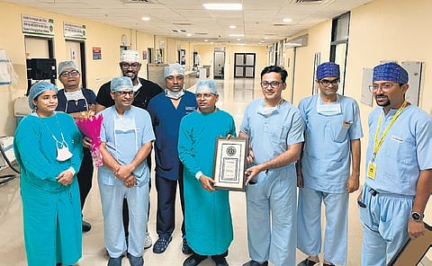 Doctors of urology department of AIIMS-Bhubaneswar being felicitated on the launch of advanced artificial urinary sphincter (AUS) implantation service 
